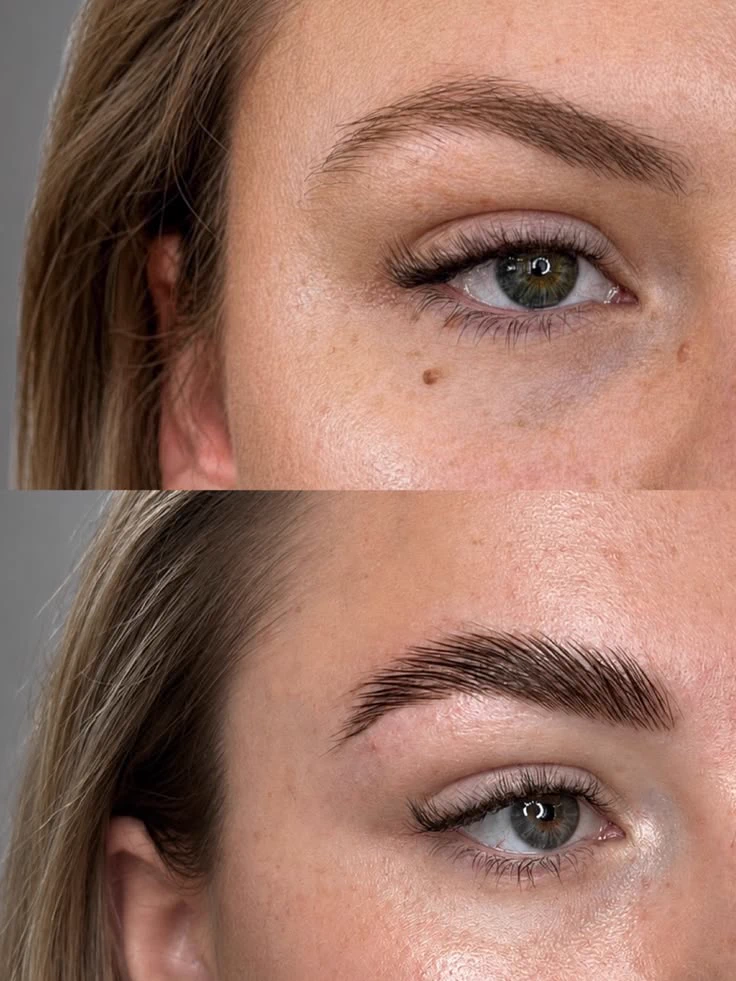 Brow lamination and tint before and after: soft natural brows above, smoothed and defined brows below