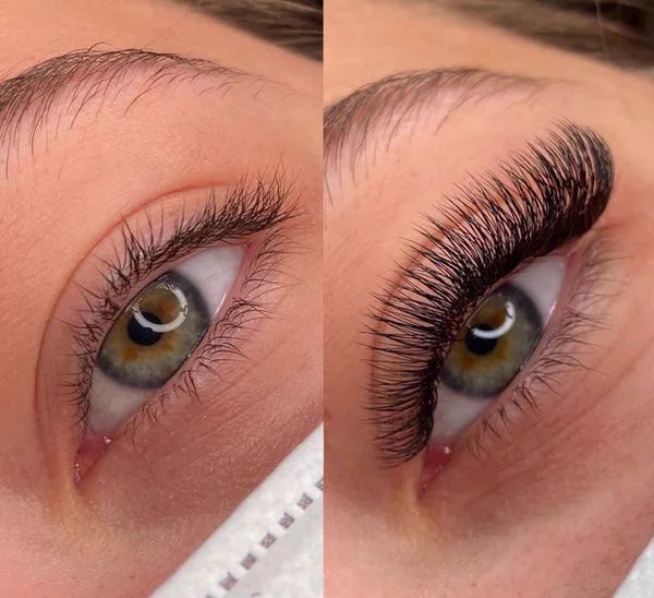 Before-and-after of classic lash extensions on a brown eye