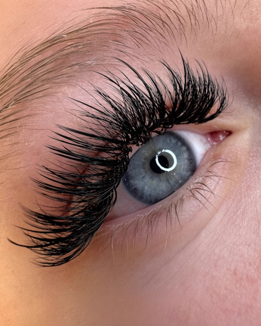 Blue eye with a defined dark lash line and longer lash accents