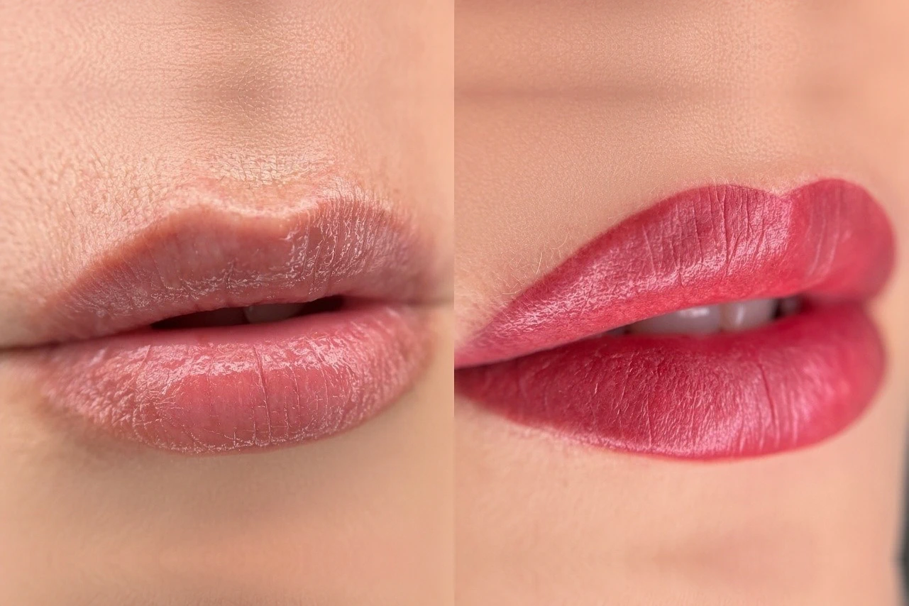 Before-and-after view of a soft lip blush permanent makeup result with a refined, natural tint