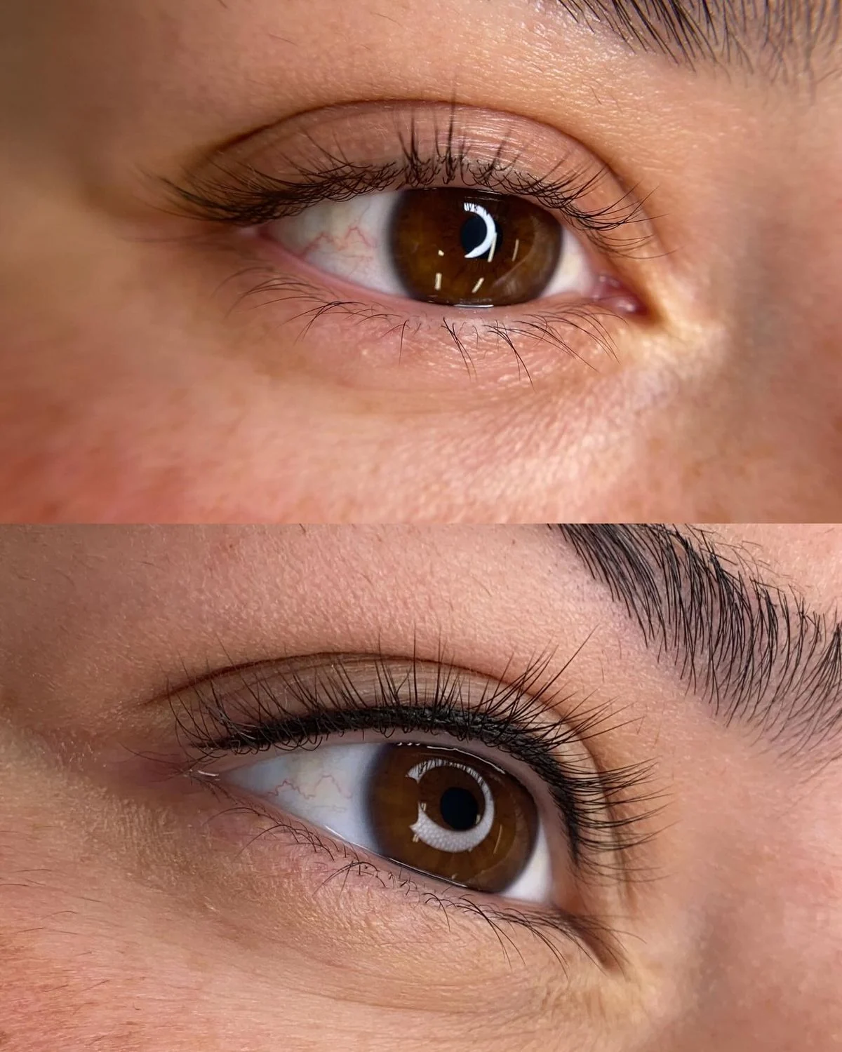 Before and after stacked top to bottom: a bare upper lash line above, the same eye below with a subtle permanent lash-line enhancement.