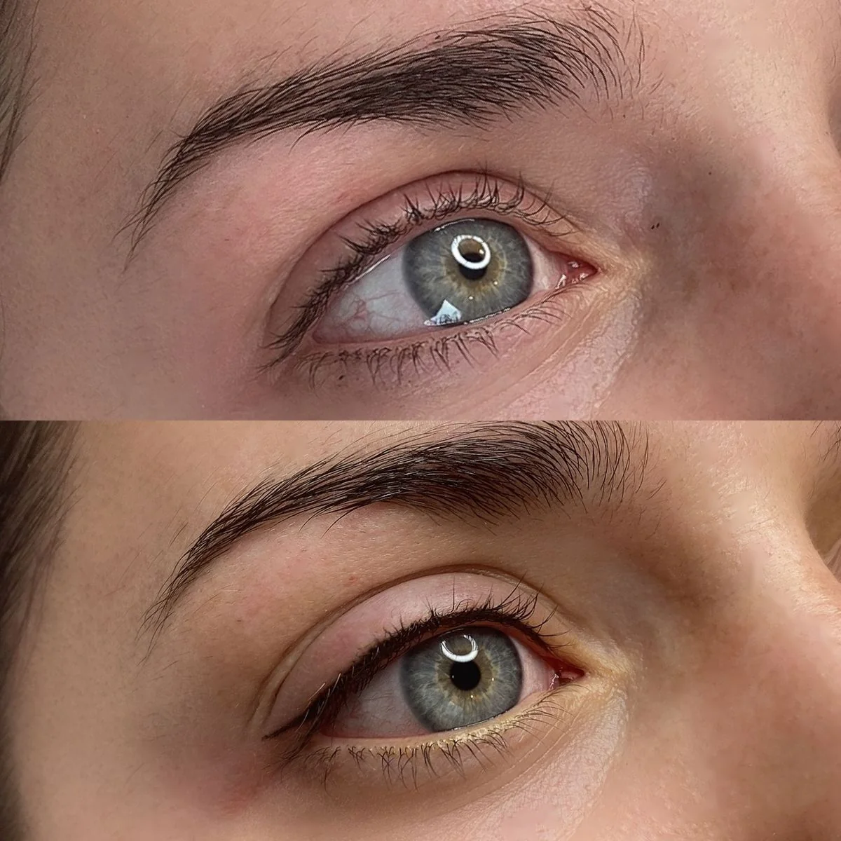 Before and after stacked top to bottom: a bare upper lash line above, the same eye below with a fine permanent eyeliner.