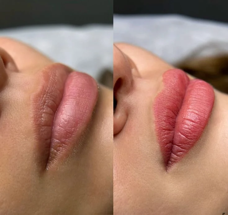 Before and after side by side: softly mauve natural lips on the left, the same lips on the right with a brighter rosy lip blush.