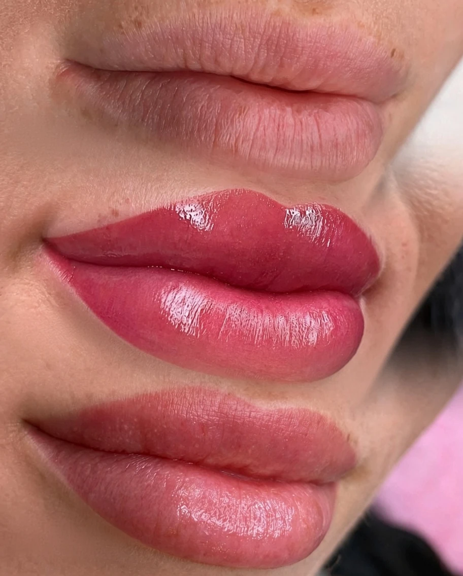 Lip blush in three stages from top to bottom: natural lips, the freshly applied defined rose tint, and the softer healed result.