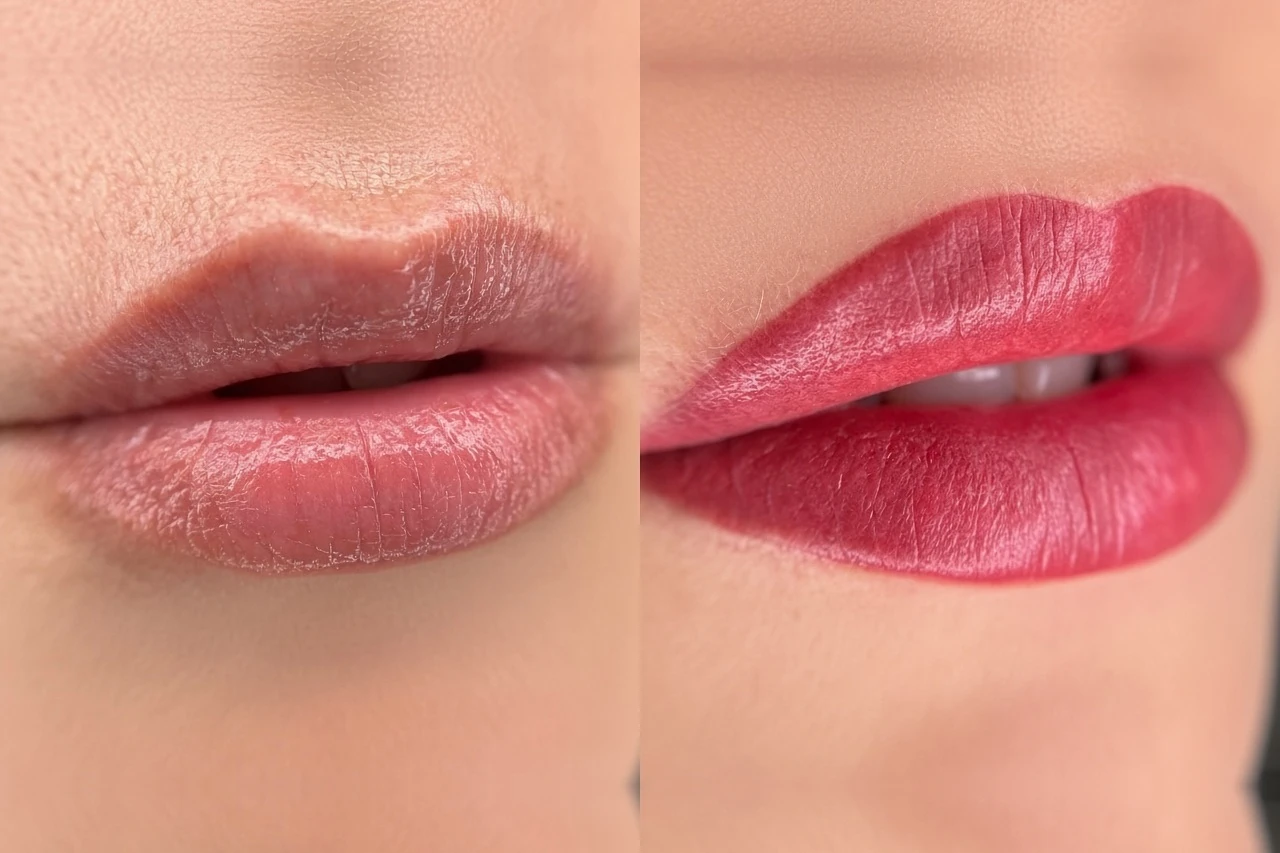 Before and after side by side: naturally pale lips on the left, the same lips on the right with an even, refreshed rose-toned lip blush.