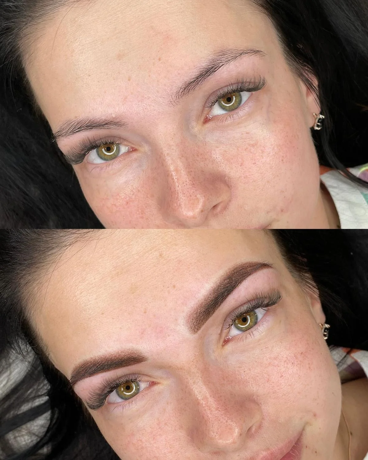 Before and after stacked top to bottom: naturally thin brows above, the same brows below with a soft, shaded ombré powder finish and a balanced shape.