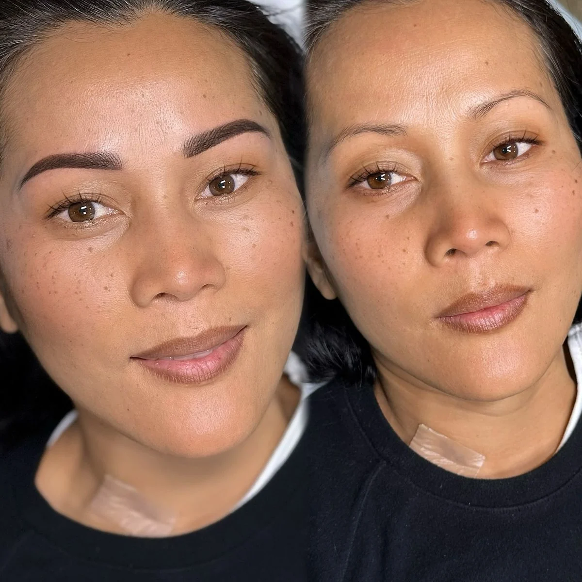 The same client side by side: softly shaded, full powder brows next to her natural, sparse brows.