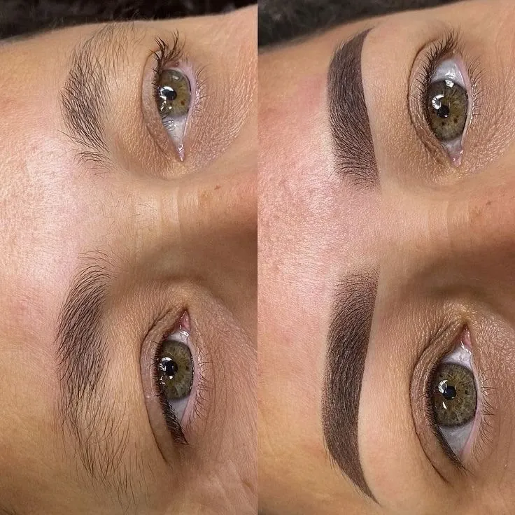 Four close-up frames of the same eyes: natural brows on the left, the same brows on the right with a crisp, brushed powder finish.
