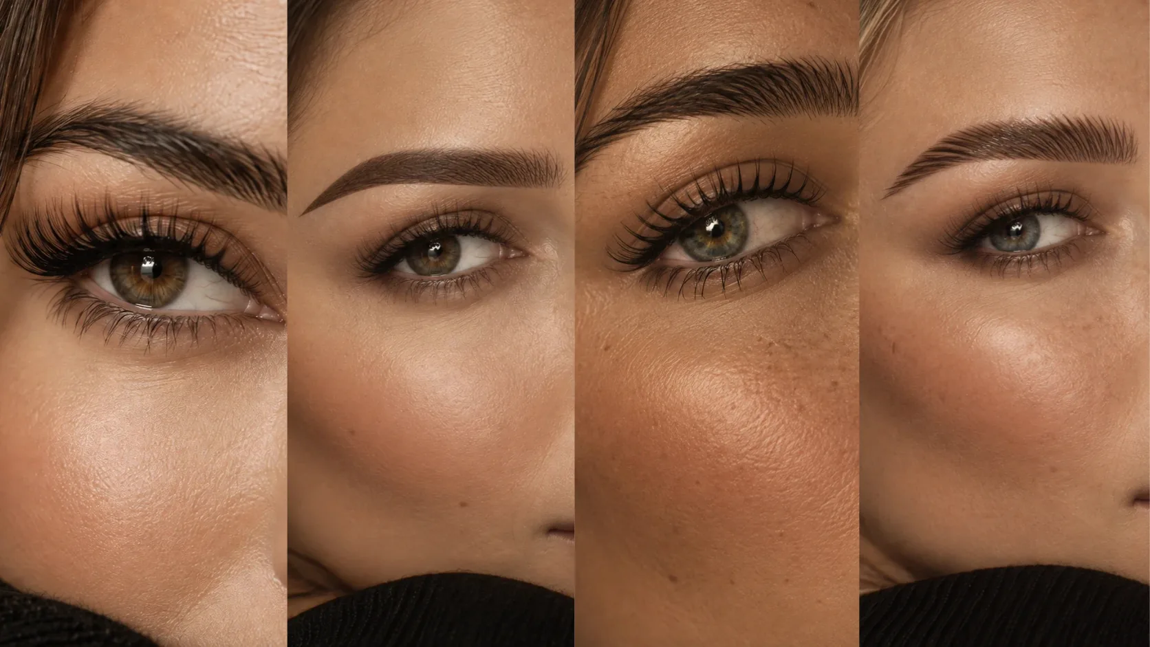 Close-up collage of four eye and brow results showing lash extensions, brow lamination and tint, and refined permanent makeup definition