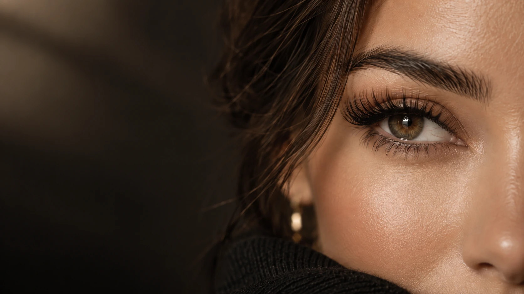 Close-up of a hazel eye framed by dark, softly curled lashes